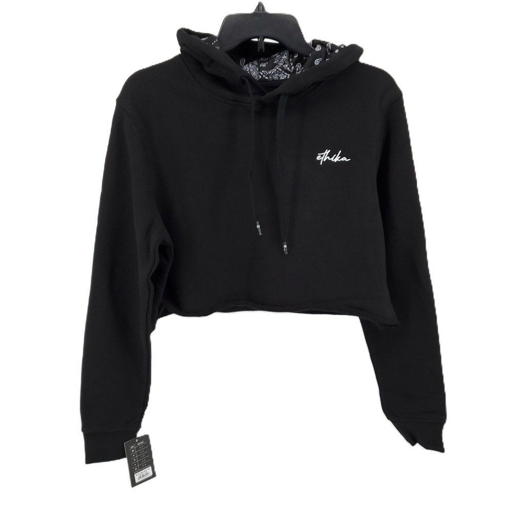 Ethika Womens XS Cropped Hoodie Raw Hem Black 100% Cotton Long Sleeve New‎